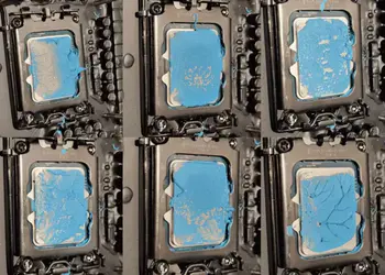 Intel comments on Alder Lake 5 flex Intel comenta flexion de Alder Lake - CPU Intel Alder Lake en socket LGA1700; las seis tomas evidencian flexión del IHS y presión desigual con pasta térmica irregular.