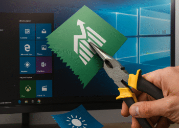 블로트웨어를 Windows에서 정리하는 방법 - Windows 화면의 애플리케이션 아이콘 옆에 펜치를 든 손은 Windows 운영 체제에서 블로트웨어를 정리하거나 제거하여 성능을 최적화하는 것을 상징합니다.