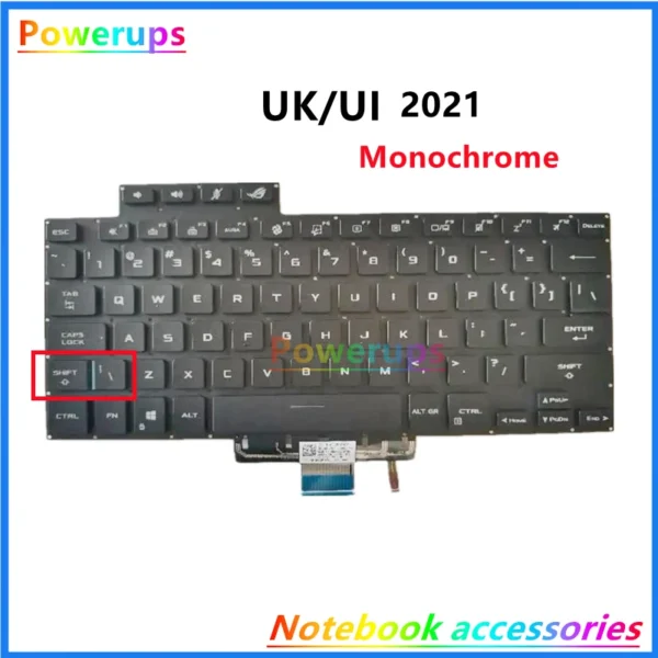 具有单色 UK/UI 布局的计算机键盘。