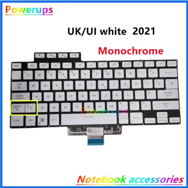 Teclado de portátil blanco con disposición UK/UI.