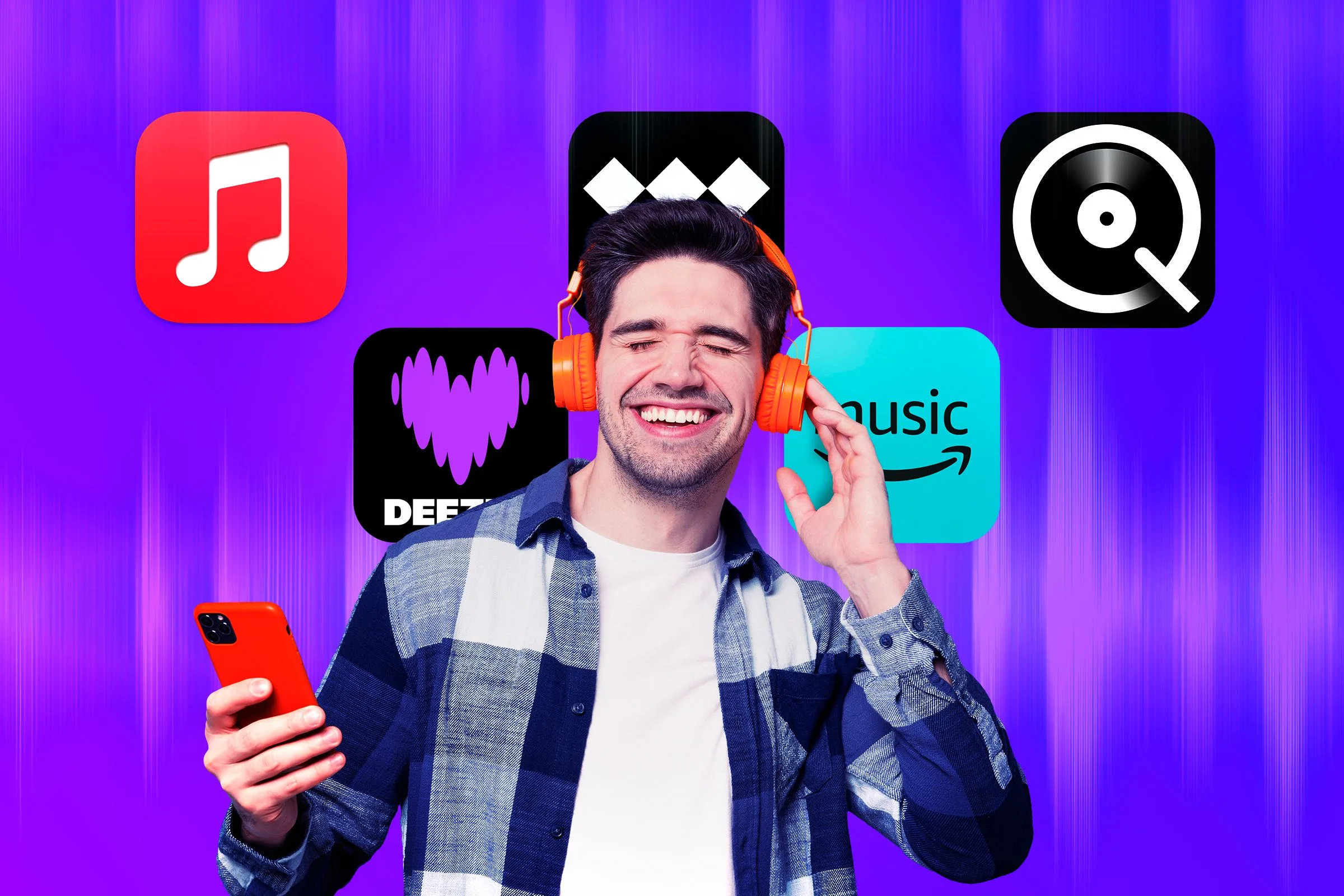 ChatGPT Recomendaciones: ¡Top 4 en segundos! 🎥📚 9 Un hombre escuchando música con auriculares y los logos de algunos servicios de streaming de música detrás de él.