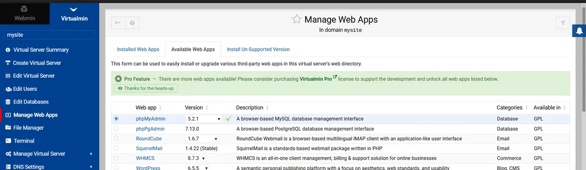 10. Instalá Phpmyadmin y/o WordPress navegando a Virtualmin
