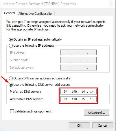 أدخل عنوان خادم DNS