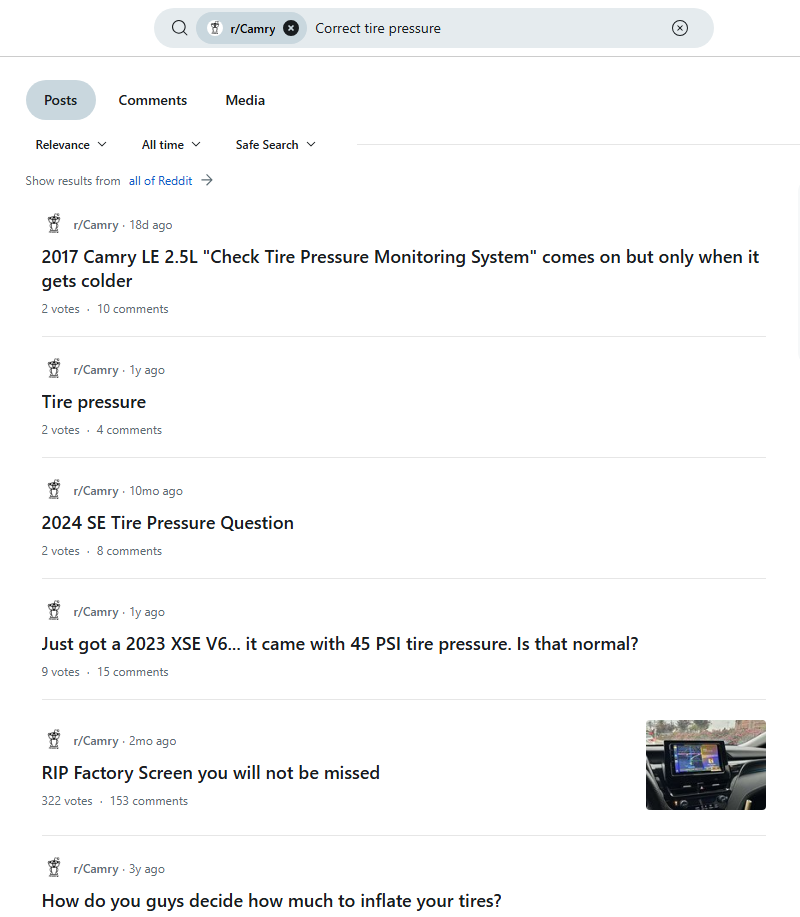 A search on Reddit returned results for "Correct Tire Pressure" in the r/Camry subreddit.