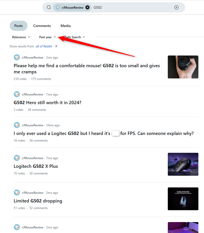 Search results for "G502" on the "r/MouseReview" subreddit, with results filtered for the Last Year.