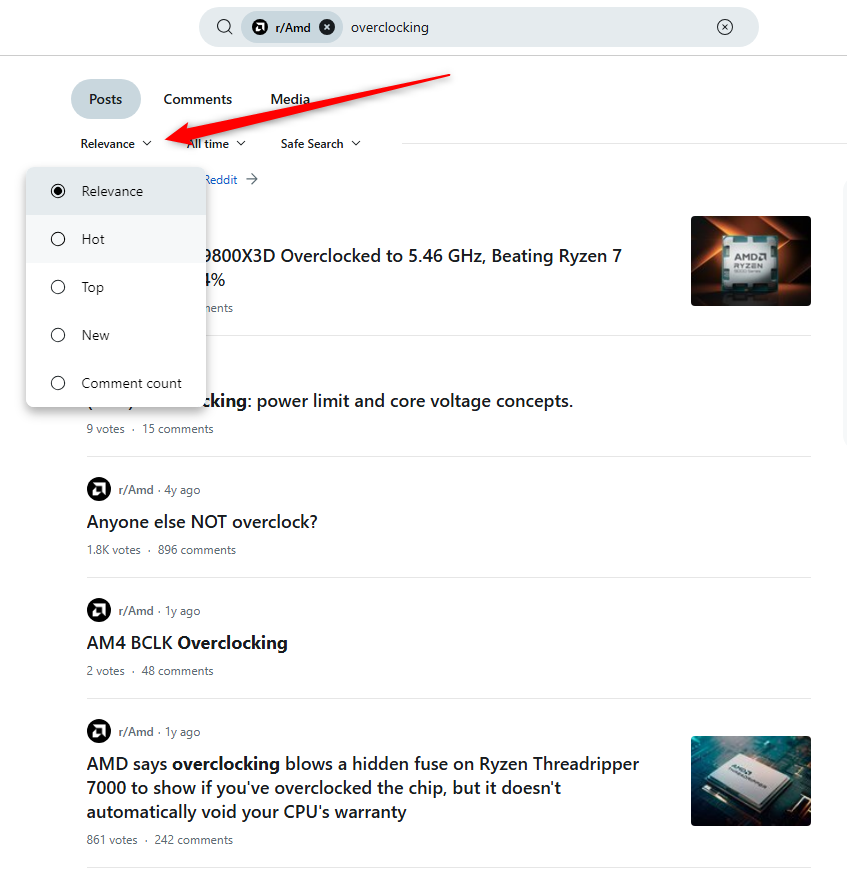 Expanded sort options in a Reddit search for "overclocking" on r/AMD.