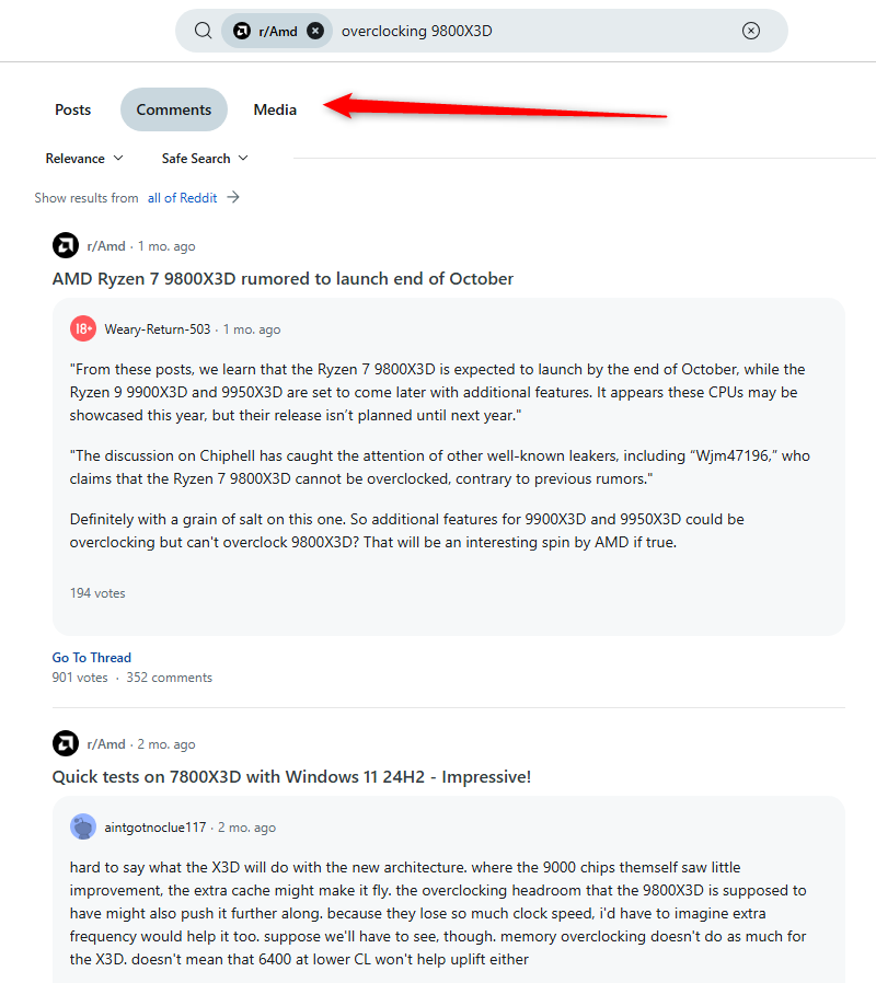 A Reddit search for "overclocking 9800X3D" on the AMD subreddit, with comments as the category for search results.