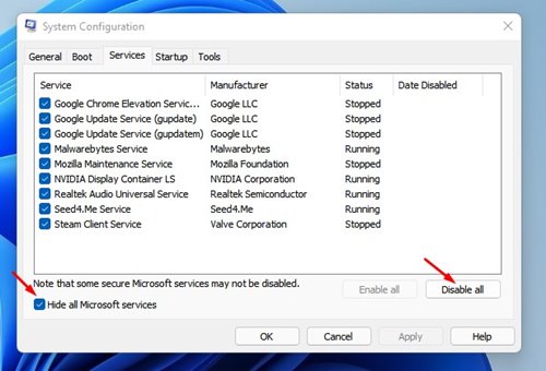 Click the Disable All button
