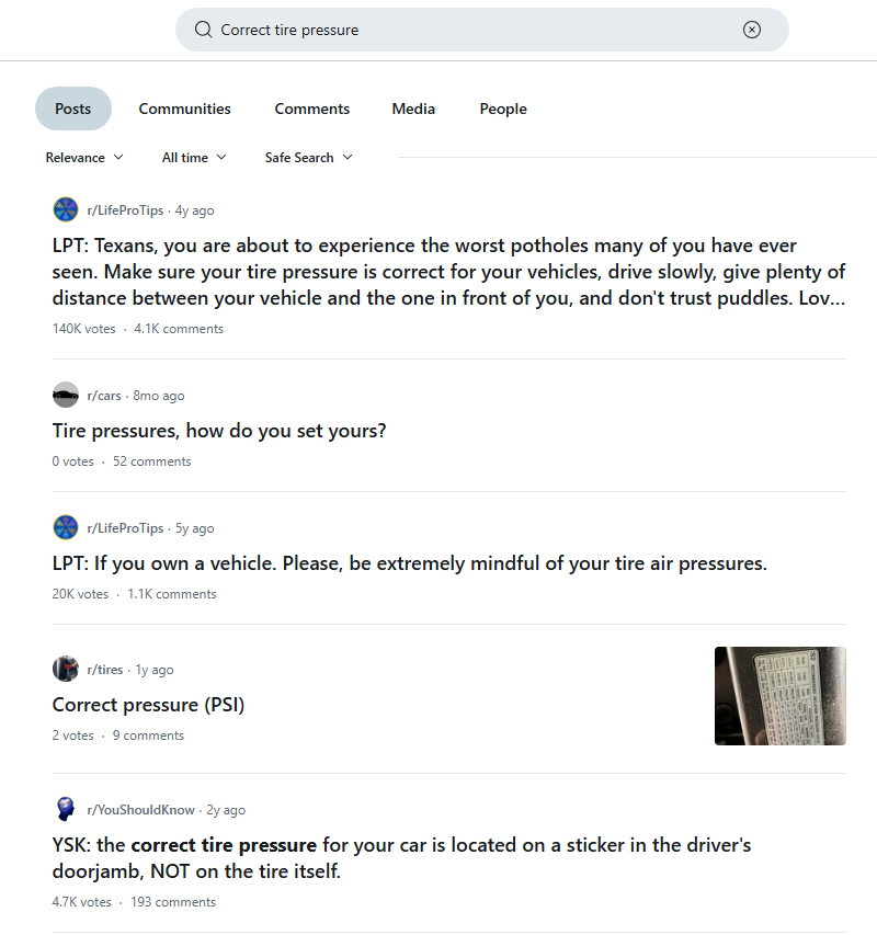 A search on Reddit showed results for "correct tire pressure" across the site.