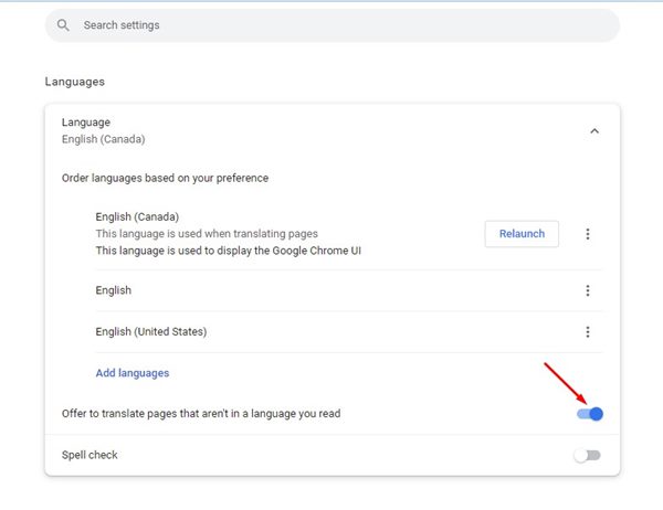 Enable the switch for 'Offer to translate pages that are not in a language you understand'