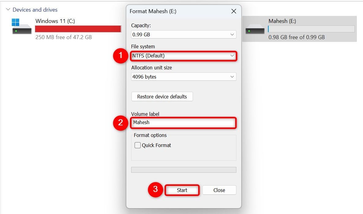 Transferencias Windows 11: 7 consejos para velocidad récord ⚡🔥 15 "Sistema de Archivos," "Etiqueta de Volumen," y "Iniciar" resaltados en la ventana de "Formatear".