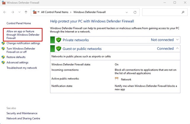Consenti un'app o una funzionalità tramite Windows Defender Firewall