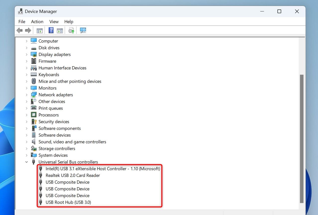 Transferencias Windows 11: 7 consejos para velocidad récord ⚡🔥 11 Puertos USB resaltados en el Administrador de Dispositivos.
