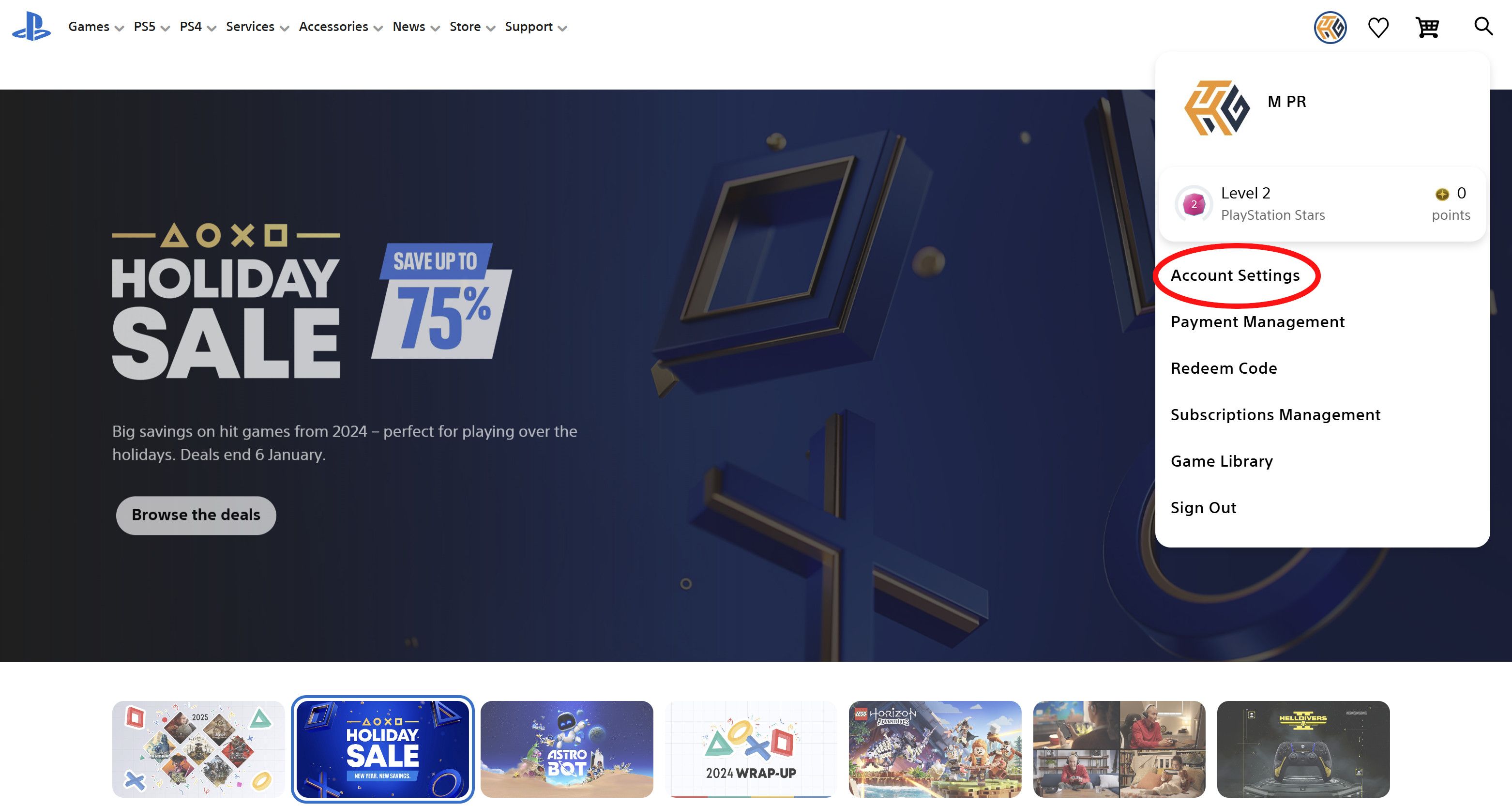 Immagine del profilo personalizzata 🔥: dai subito uno stile unico al tuo PSN! ⚡ 12 Uno screenshot del sito web di PlayStation con un cerchio rosso attorno alla voce "Impostazioni account".