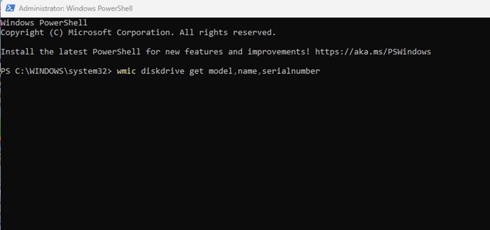 Der WMIC-Befehl wurde in PowerShell ausgeführt.