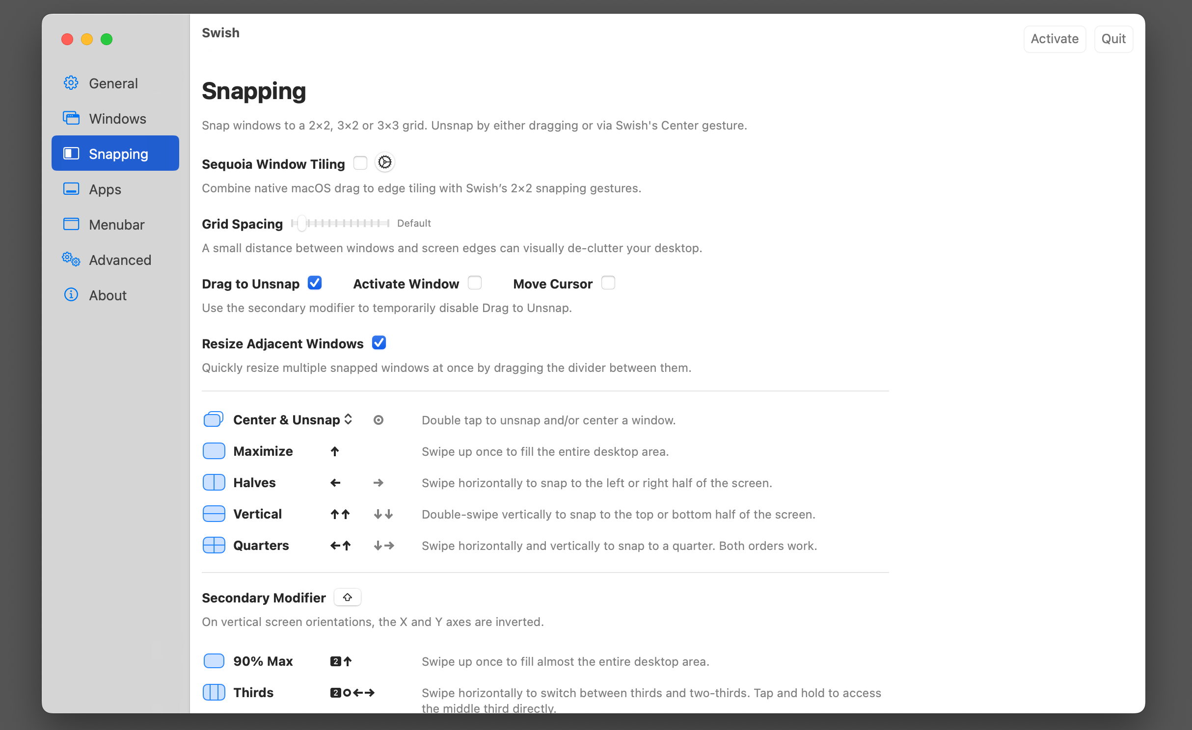 Gestion des fenêtres sur Mac : Oubliez les limitations d'Apple avec ces 5 applications ! 🚀🔥 13 Options de réglage dans Swish.