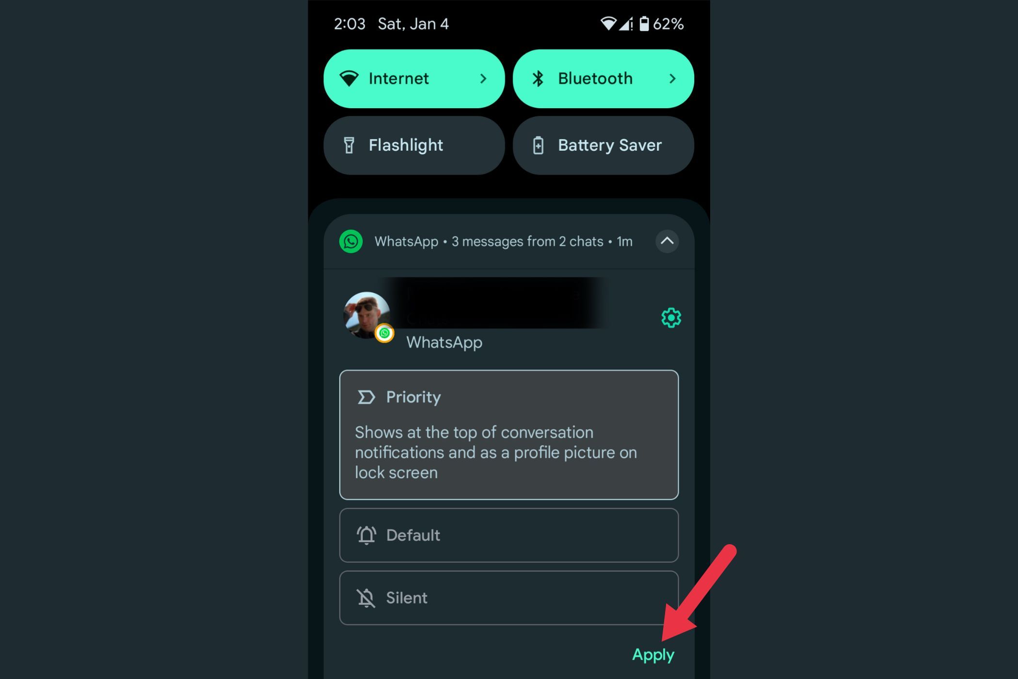 Функции уведомлений Android, о которых вы не знали, и которые сделают вас более продуктивными 🔥📱 14 Стрелка, указывающая на кнопку «Применить»