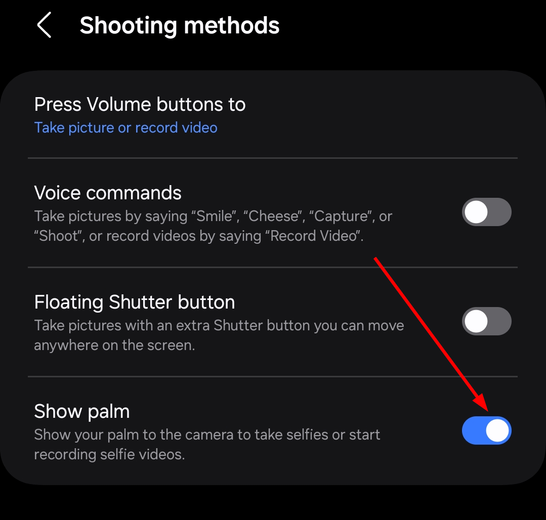 Perfect Selfies on Samsung: Discover How Without Touching Your Phone 📱✨ 10 The 'Show Palm' option in the 'Shooting Methods' settings has been activated.