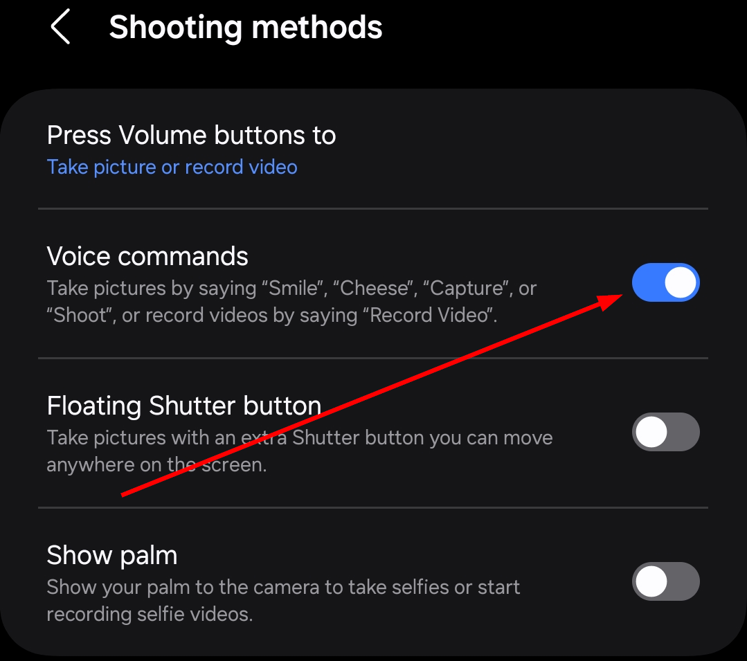 Perfect Selfies on Samsung: Discover How Without Touching Your Phone 📱✨ 13 The 'Voice Commands' option in the 'Firing Methods' settings has been activated.