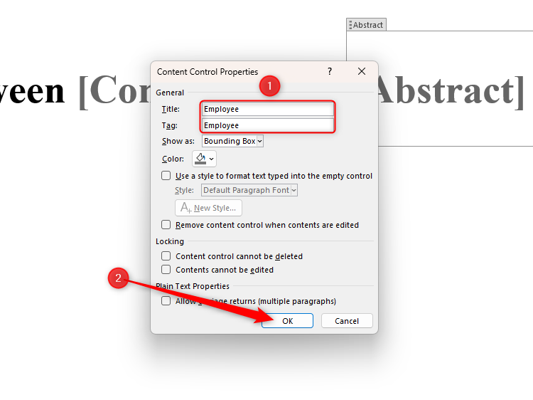 How to Repeat and Update Fields in Word and Save Hours ⏳🔥 18 The Content Control Properties dialog box in Microsoft Word, with the Title and Label fields containing the word 'Employee'.