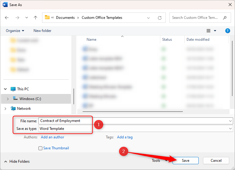 How to Repeat and Update Fields in Word and Save Hours ⏳🔥 24 The 'Save As' dialog box in Microsoft Word, with the file name changed to 'Employment Contract' and the type changed to 'Word Template'.