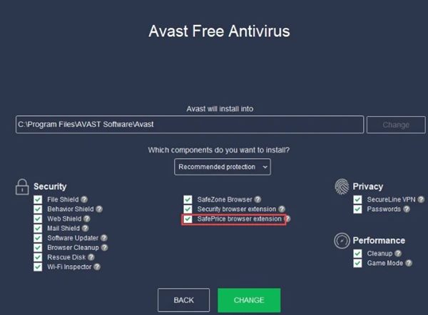 コントロールパネルからAvast SafePriceをアンインストールする