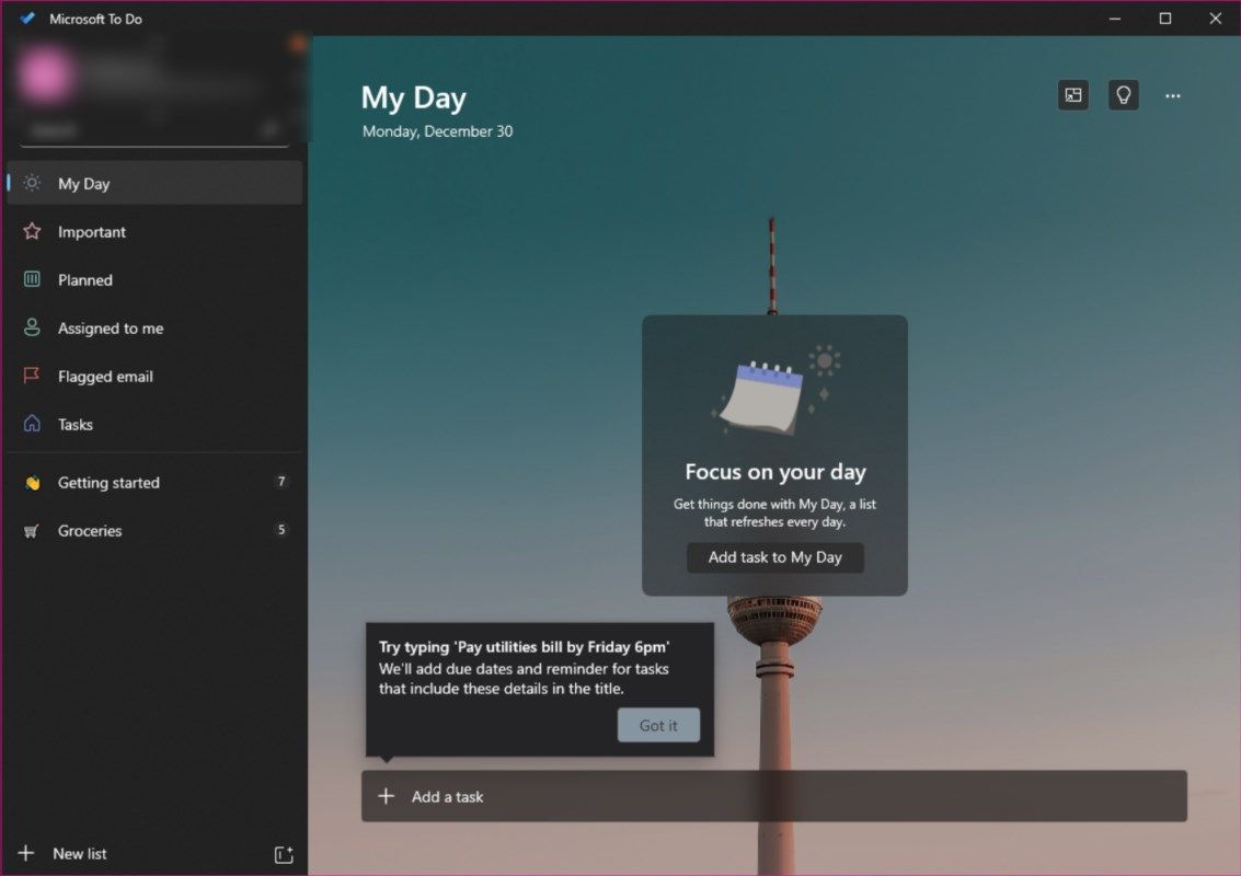 Produtividade Remota: Ferramentas Secretas do Windows que Você Deveria Usar 🔥🛠️ 10 O aplicativo Microsoft To Do é aberto na página "Meu dia".