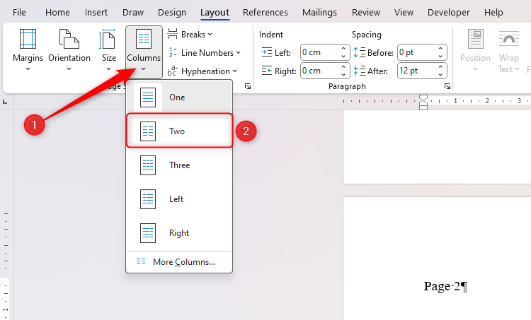 Word の列: 書式を崩さずにテキストを分割します。 🔥📊 16 Microsoft Word の列ドロップダウン メニューが開き、「2」が選択されています。
