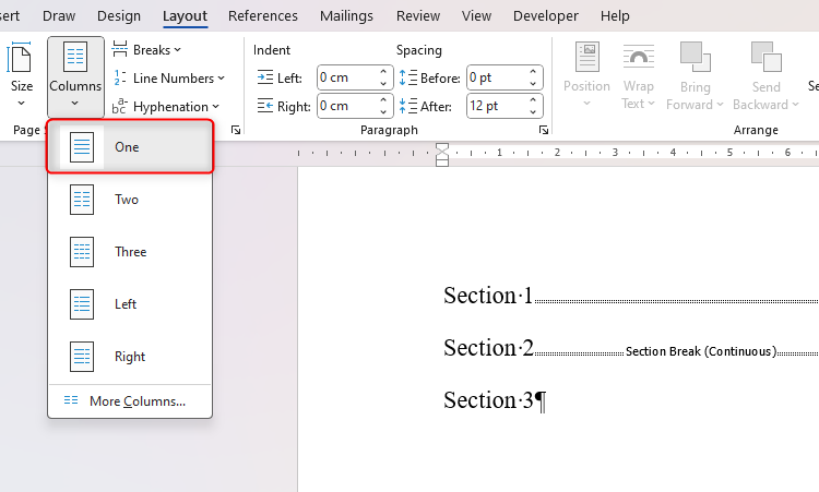 Word の列: 書式を崩さずにテキストを分割します。 🔥📊 22 Microsoft Word の列ドロップダウン メニューで、「1」を選択すると、選択したセクションが 1 つの列になります。