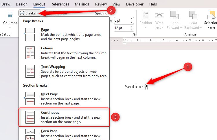 Word の列: 書式を崩さずにテキストを分割します。 🔥📊 19 Microsoft Word の「改行」ドロップダウン メニューで、「連続」が選択されています。