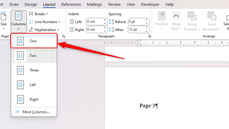 Word の列: 書式を崩さずにテキストを分割します。 🔥📊 18 Microsoft Word の列ドロップダウン メニューが開き、「1」が選択されています。
