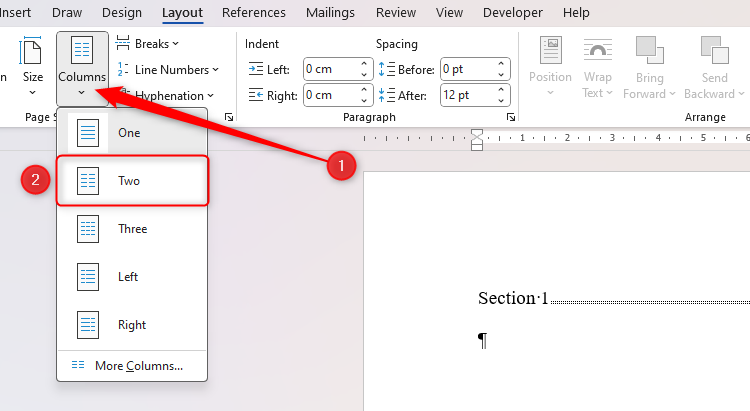 Word の列: 書式を崩さずにテキストを分割します。 🔥📊 20 Microsoft Word の列ドロップダウン メニューが開き、セクションを 2 つの列に分割するために「2」が選択されています。