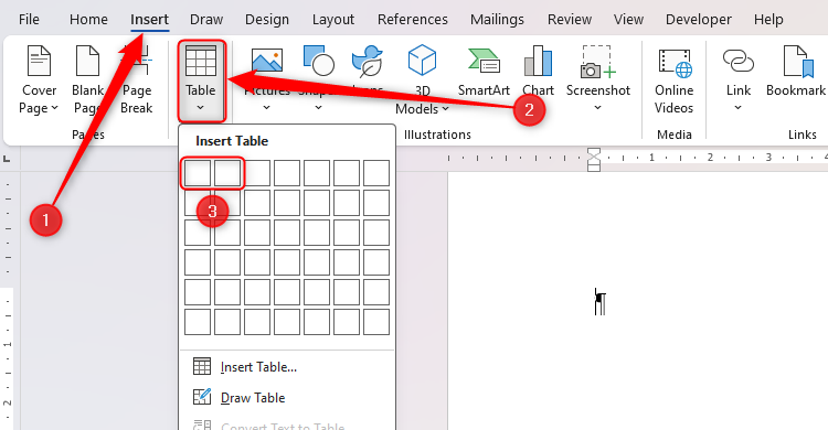 Word の列: 書式を崩さずにテキストを分割します。 🔥📊 24 Microsoft Word の「表の挿入」オプション。グリッドで 1 行と 2 列が選択されています。