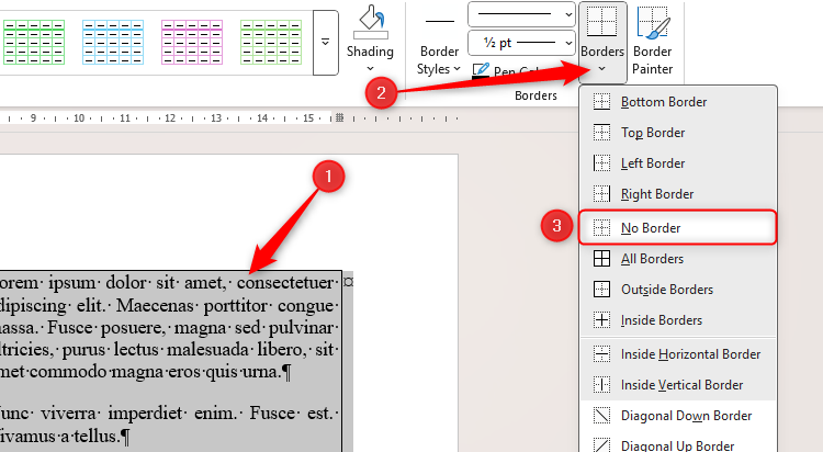 Word에서 열 분할: 서식을 어지럽히지 않고 텍스트를 분할하세요! 🔥📊 27 Microsoft Word의 표 테두리 드롭다운 메뉴에 있는 테두리 없음 옵션입니다.