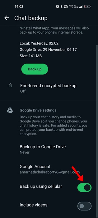 Eseguire il backup utilizzando i dati mobili