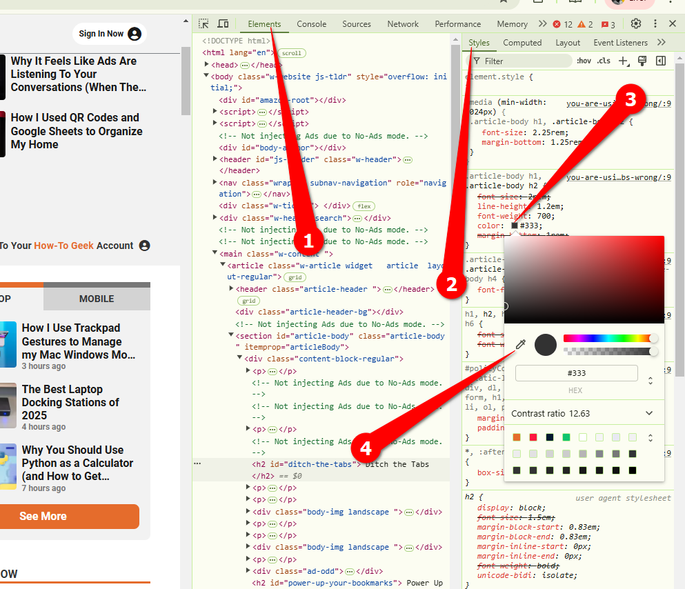 Использование инструмента «Пипетка» в Inspect Element.