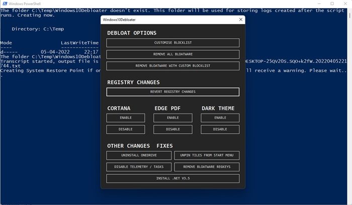 Windows10Debloater interface