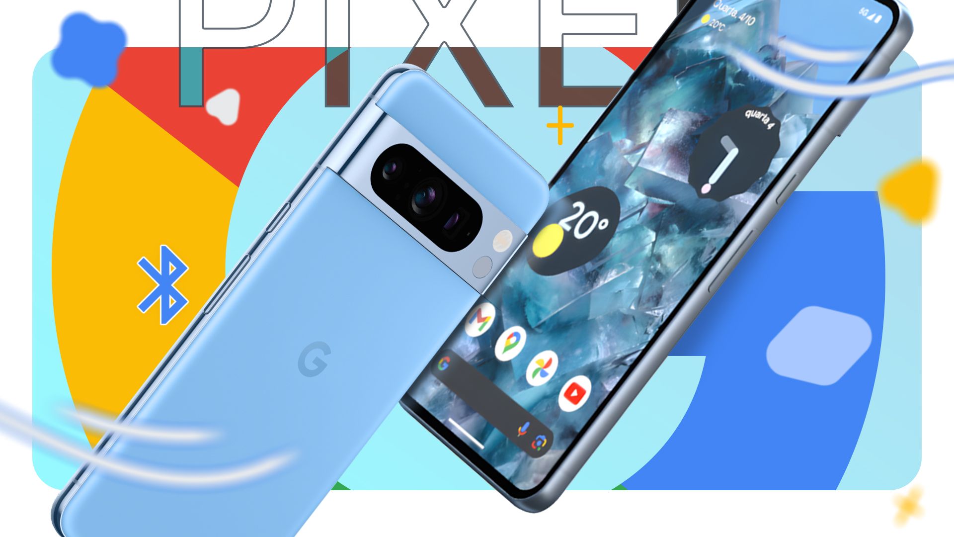 Blaues Google Pixel 8 Pro von vorne und hinten gesehen, mit dem Google-Logo und bunten grafischen Elementen im Hintergrund.