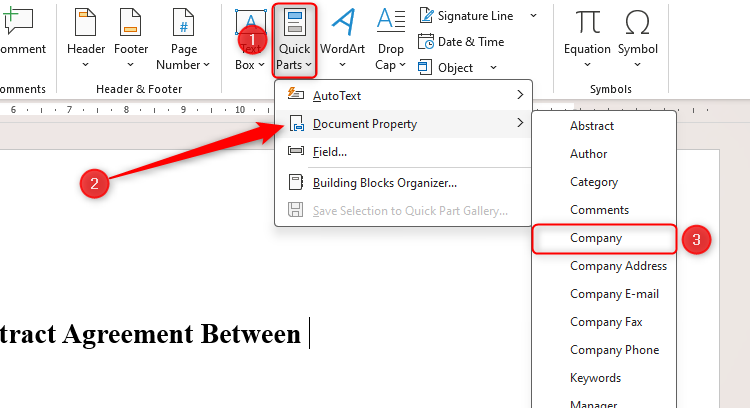 How to Repeat and Update Fields in Word and Save Hours ⏳🔥 14 The Quick Parts menu in Microsoft Word, with the Company option selected.