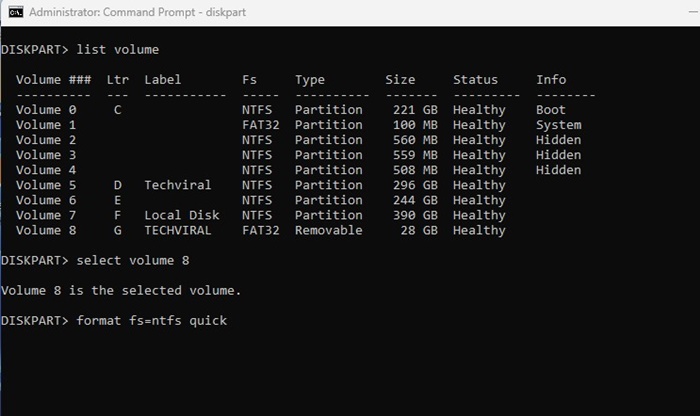 formato fs=ntfs veloce