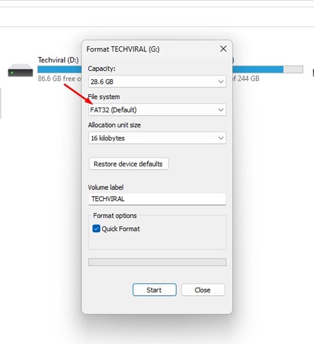 Menu a discesa del file system