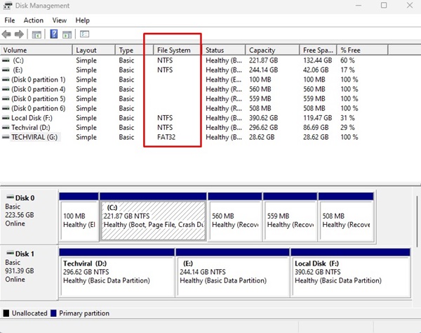 file system utilizzato su ogni unità