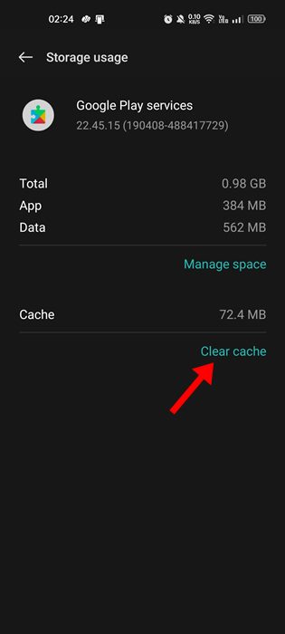 Clear cache for Google Play Services