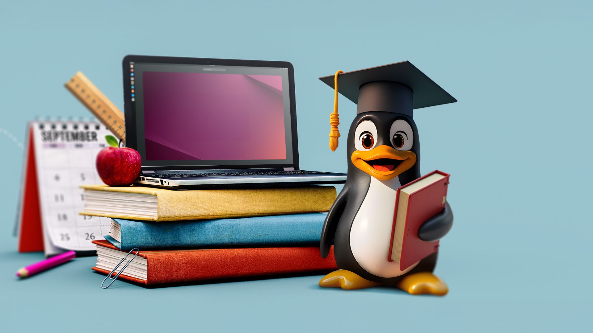 Terminaux accélérés par GPU : boostez votre Linux en quelques secondes ⏩🔥 8 Un ordinateur portable posé sur des livres scolaires, avec la mascotte de Linux portant une casquette de diplômé à côté.