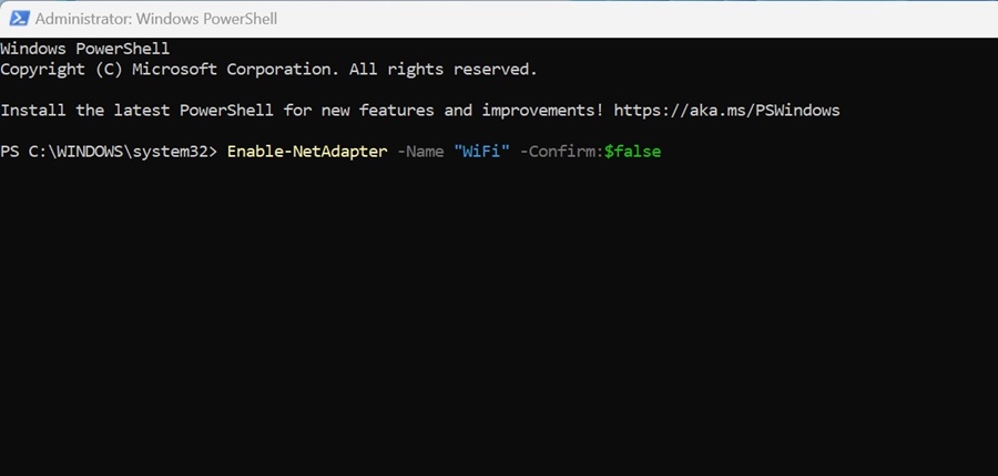 Enable-NetAdapter -Name "नेटवर्क एडाप्टर नाम" -Confirm:$false​