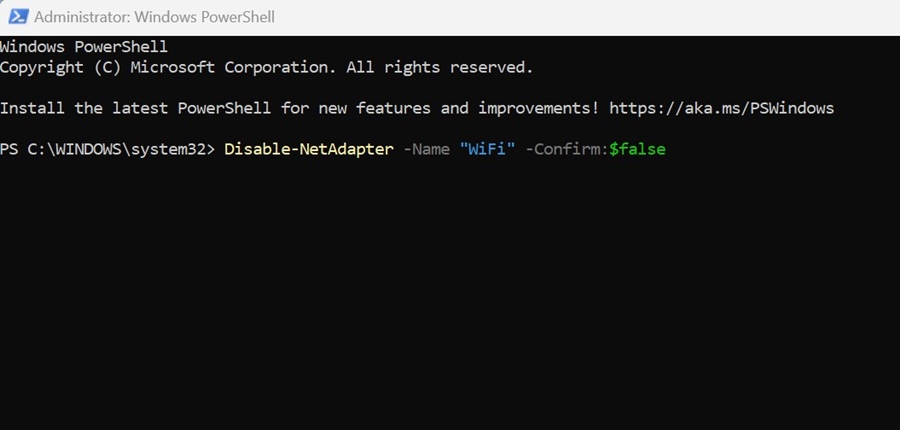 Disable-NetAdapter -Name "नेटवर्क एडाप्टर नाम" -Confirm:$false​