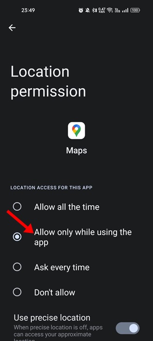 Autoriser uniquement lors de l'utilisation de l'application