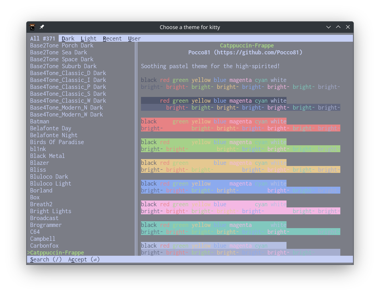 Терминалы с ускорением на GPU: ускорьте свой Linux за считанные секунды ⏩🔥 10 Скриншот выбора темы для терминала Kitty.