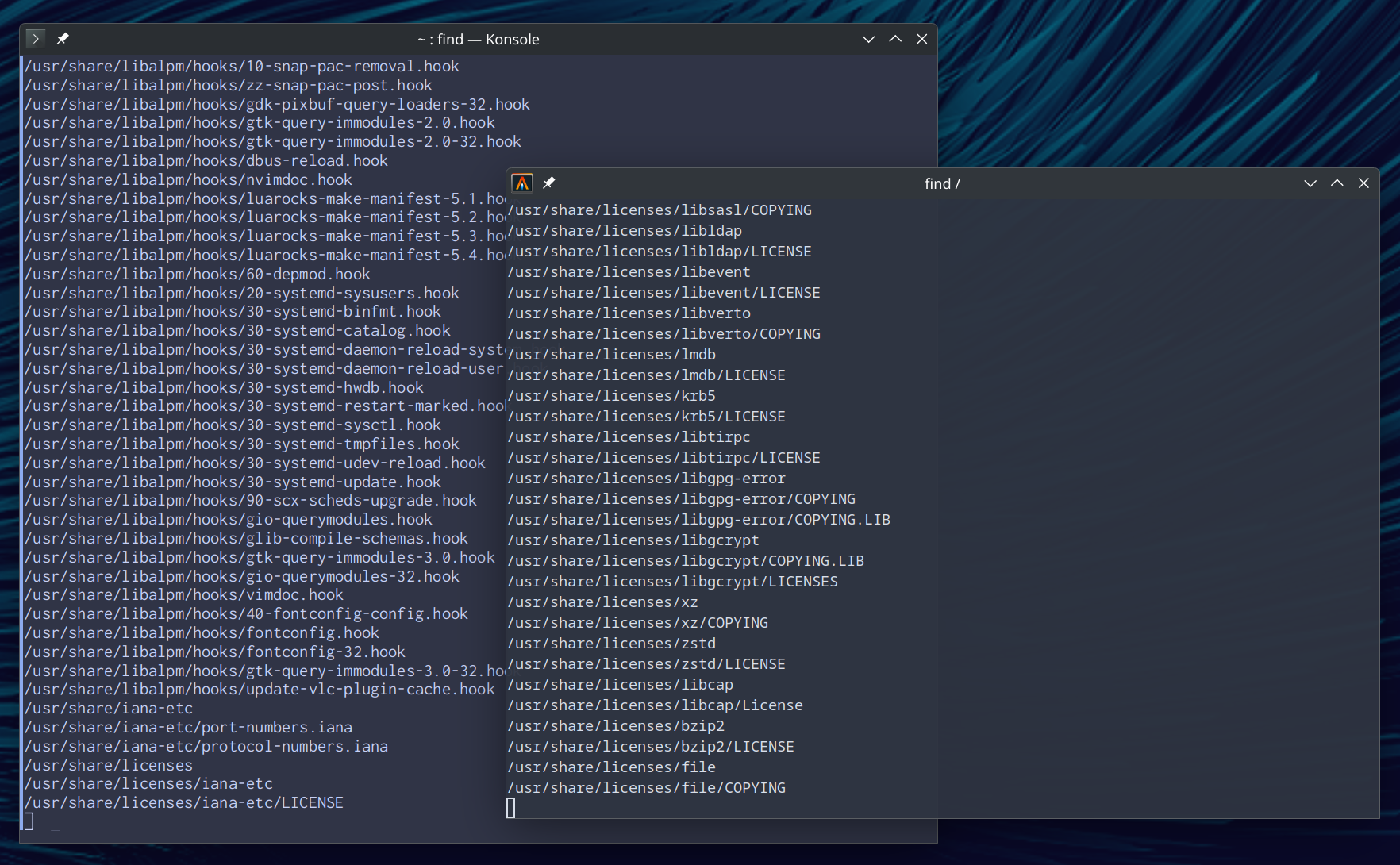 Терминалы с ускорением на GPU: ускорьте свой Linux за считанные секунды ⏩🔥 9 Скриншот Alacritty и Konsole, распечатывающих вывод команды find.