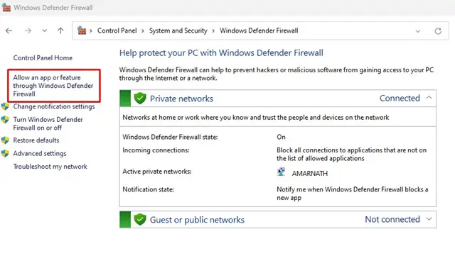 Windows Defender फ़ायरवॉल के माध्यम से किसी ऐप या सुविधा को अनुमति दें